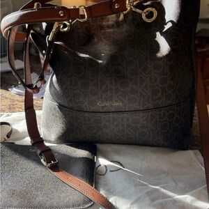 Calvin Klein Brown Leather Shoulder Bag with Metal Hardware